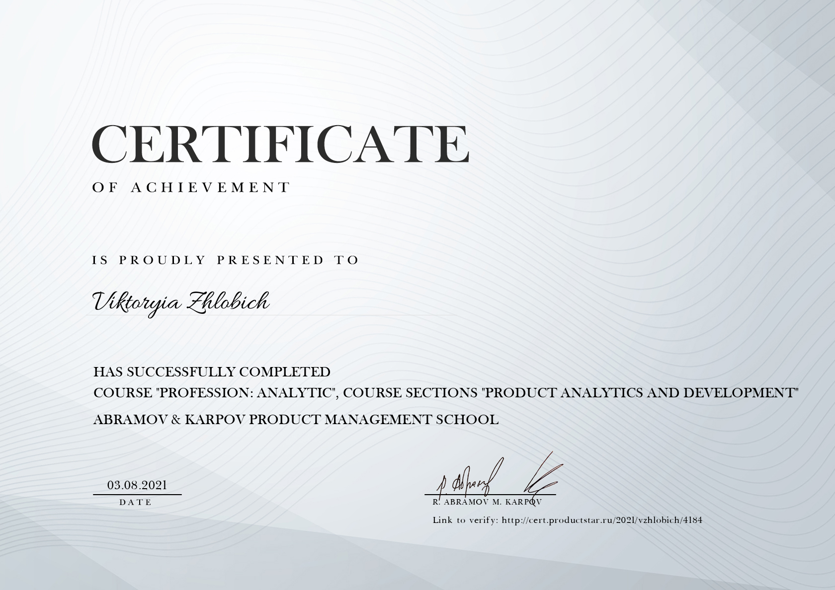 Certificate: Viktoryia Zhlobich