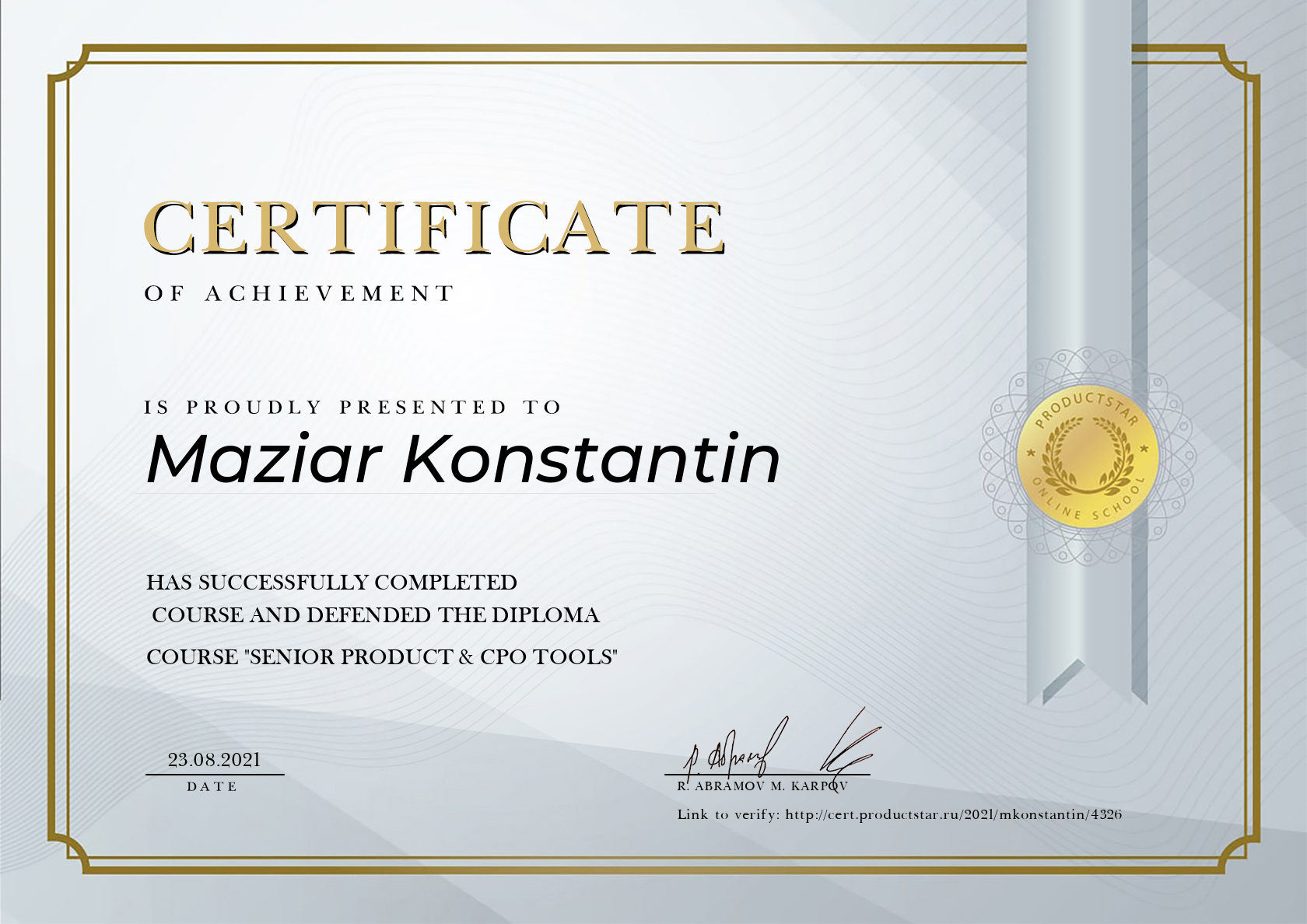 Certificate: Maziar Konstantin